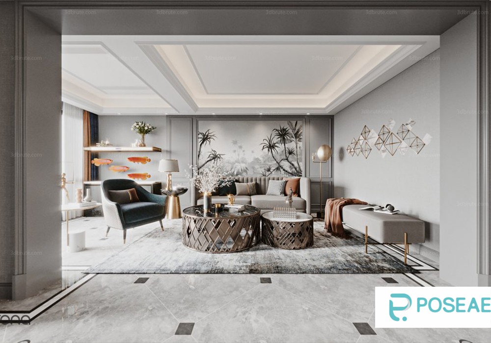 【3D模型】现代轻奢客厅设计 艺术墙饰金属茶几热带壁画软装搭配 3DMAX 模型-PoseAe