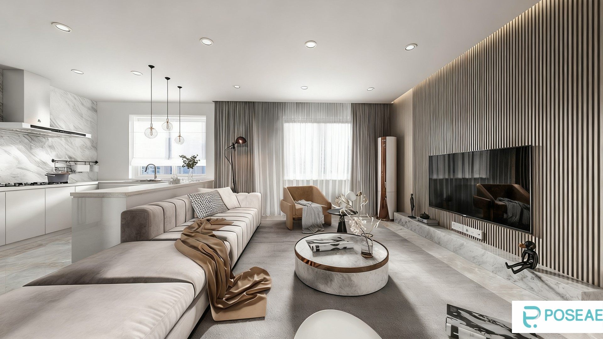 图片[1]-【3D模型】现代简约客餐厨一体设计 玻璃吊灯大理石茶几软装搭配 3DMAX 模型-PoseAe视频创意库