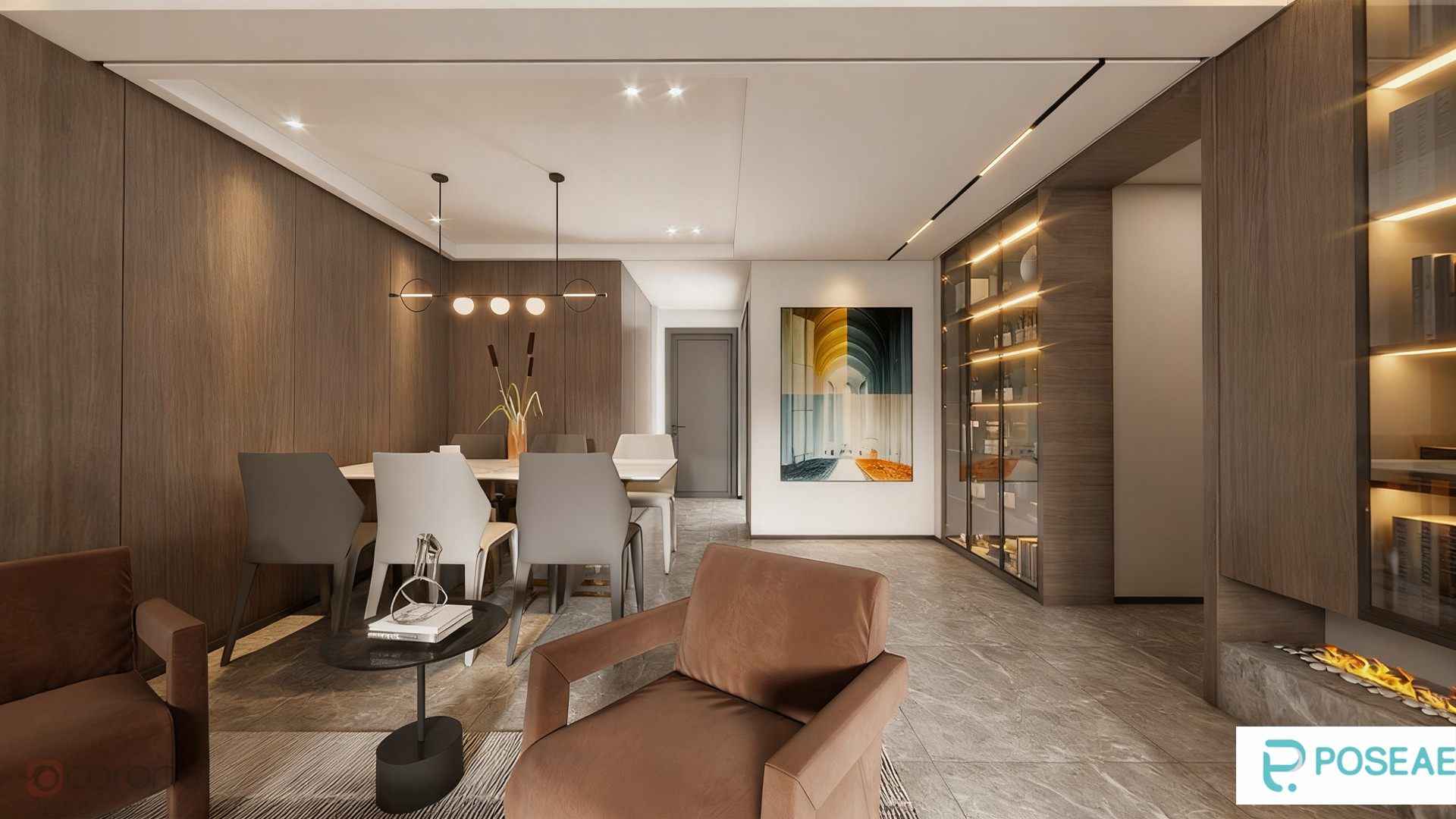 图片[1]-【3D模型】现代简约客餐厅（木质墙面 + 艺术挂画 + 玻璃展柜）3DMAX 模型-PoseAe视频创意库
