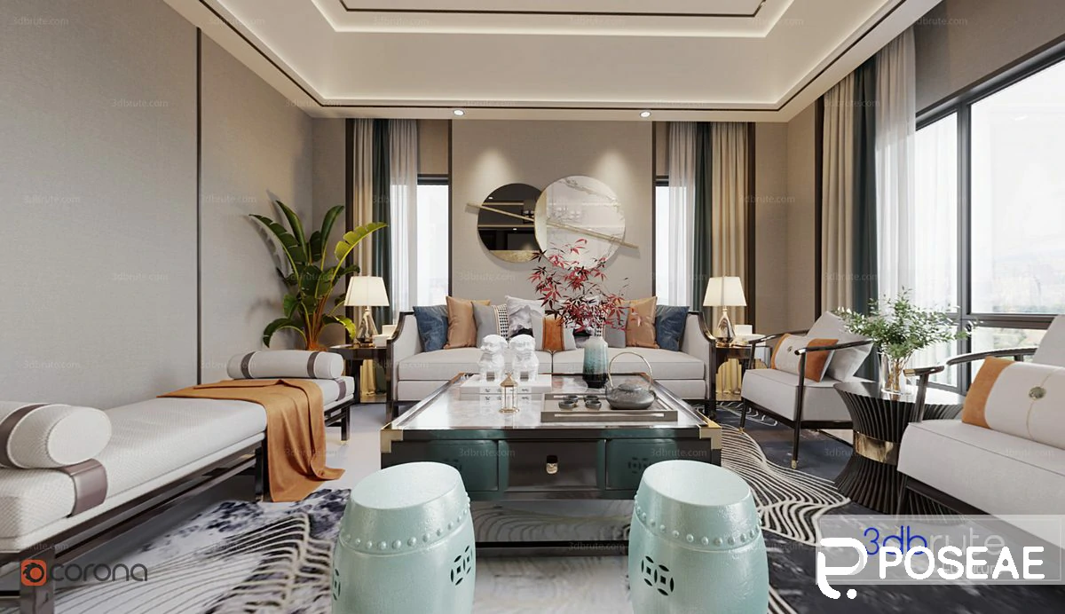 【3D模型】新中式雅致客厅（带茶桌 + 鼓凳）3DMAX 模型-PoseAe