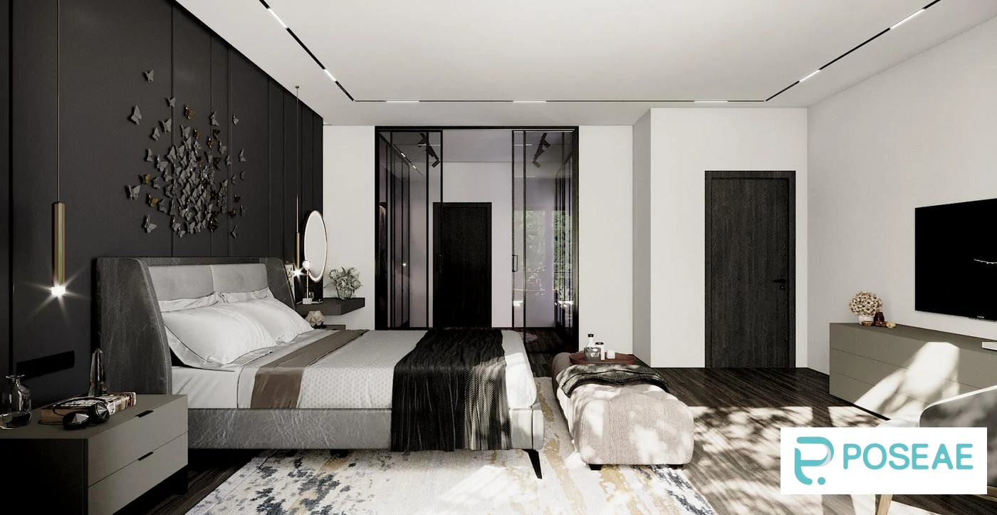 图片[2]-【3D模型】现代轻奢卧室（蝴蝶墙饰 + 玻璃衣帽间）3DMAX 模型-PoseAe视频创意库