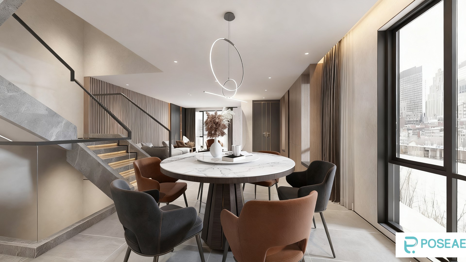 图片[1]-【3D模型】现代简约餐厅带楼梯设计 环形吊灯大理石餐桌软装搭配 3DMAX 模型-PoseAe视频创意库