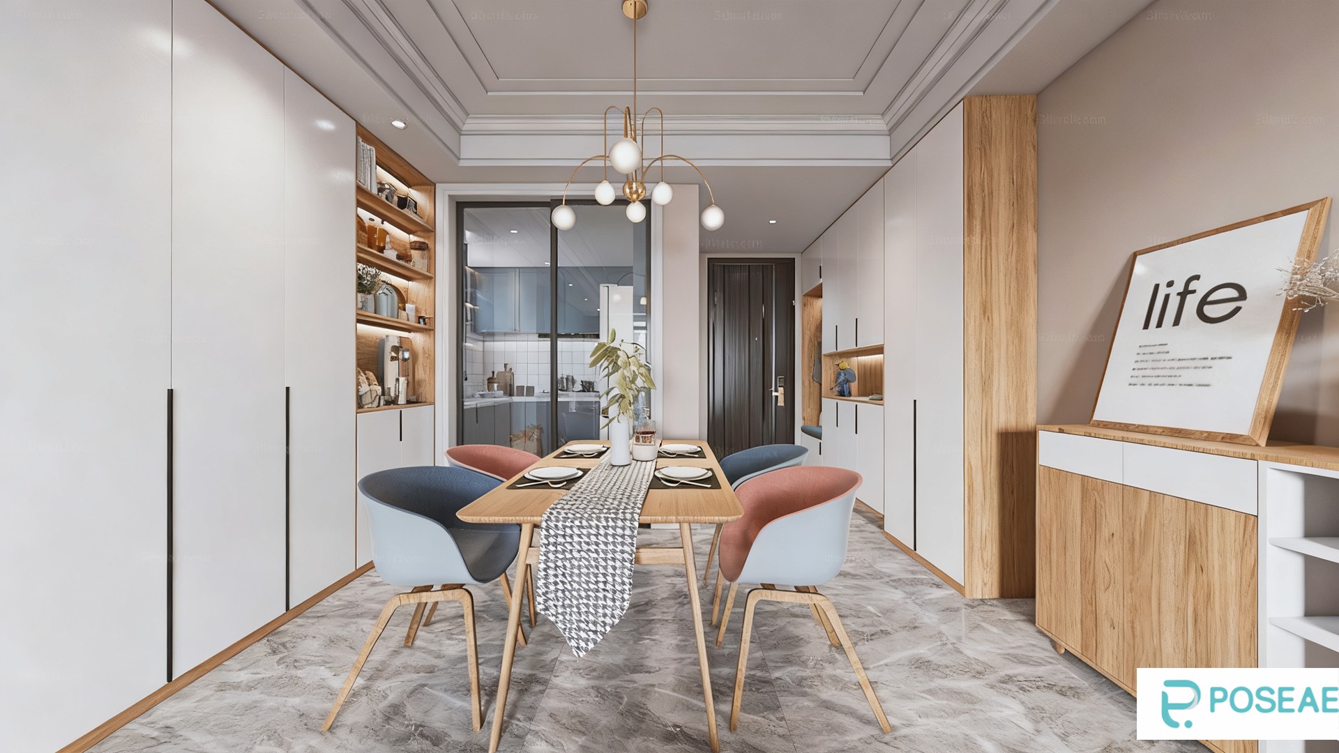 图片[2]-【3D模型】现代清新客厅设计 玻璃吊灯原木茶几几何地毯软装搭配 3DMAX 模型-PoseAe视频创意库