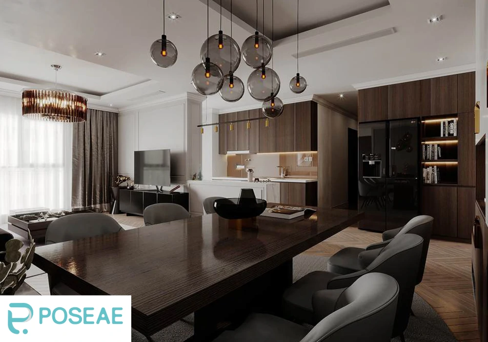 【3D模型】简约大气客餐厅（艺术吊灯 + 深色木作）3DMAX 模型-PoseAe