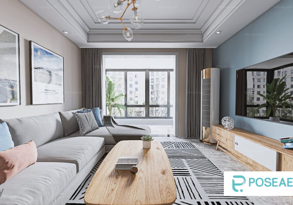 【3D模型】现代清新客厅设计 玻璃吊灯原木茶几几何地毯软装搭配 3DMAX 模型-PoseAe