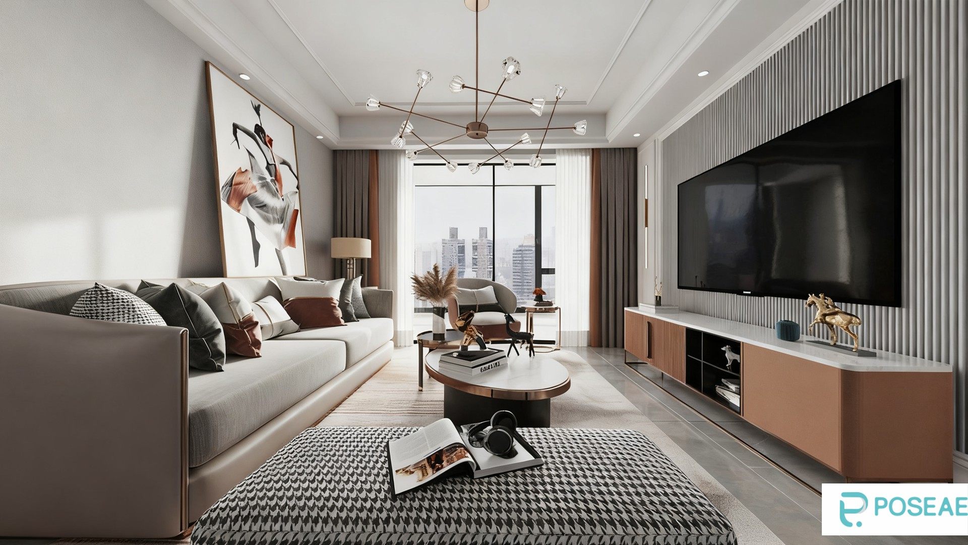 图片[1]-【3D模型】现代轻奢客厅设计 艺术吊灯挂画千鸟格脚踏软装搭配 3DMAX 模型-PoseAe视频创意库