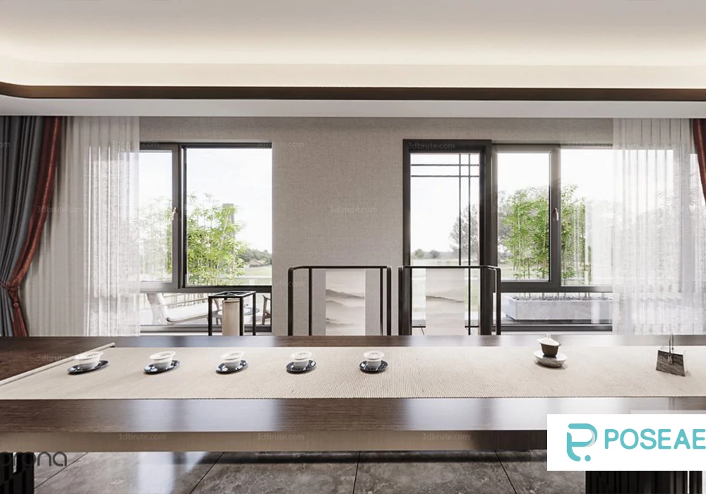 【3D模型】新中式雅致茶室(观景窗 + 禅意布置)3DMAX 模型-PoseAe