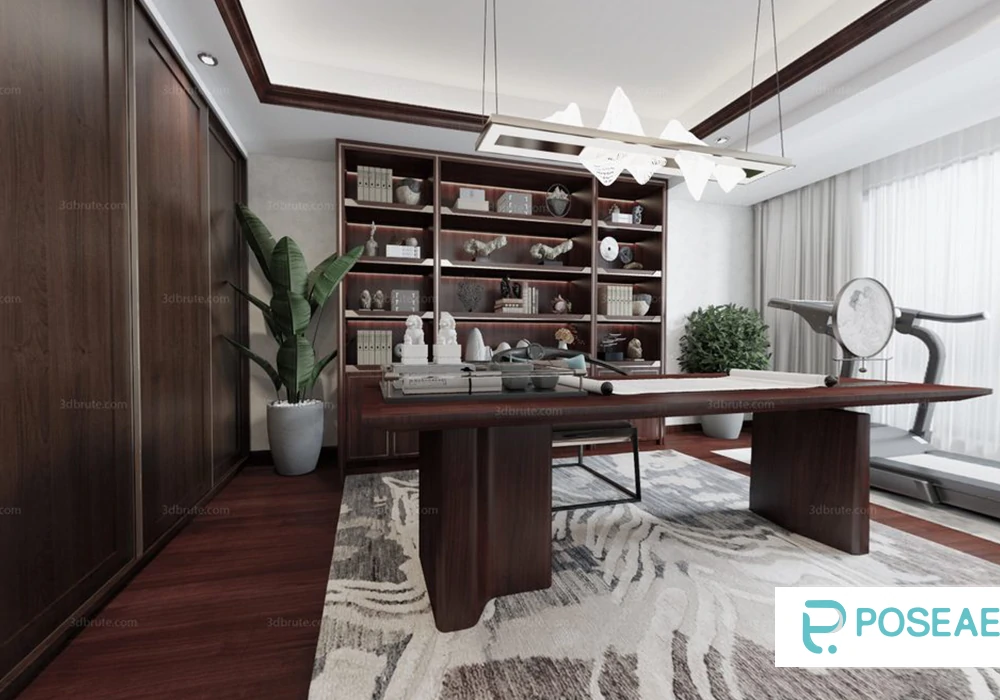 【3D模型】新中式多功能书房（含健身区）3DMAX 模型-PoseAe