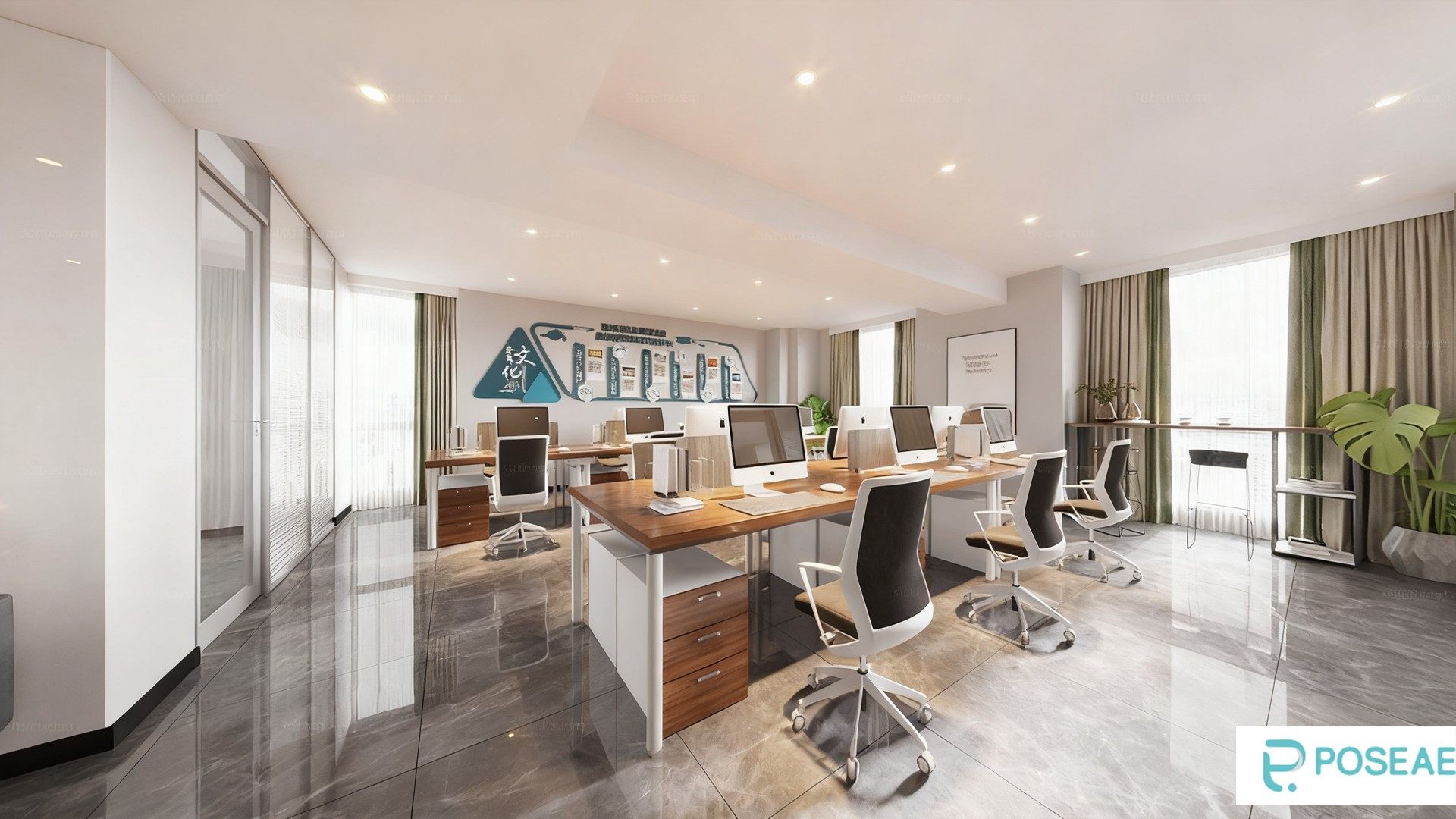 图片[1]-【3D模型】现代简约办公空间设计 原木办公桌文化墙办公椅软装搭配 3DMAX 模型-PoseAe视频创意库