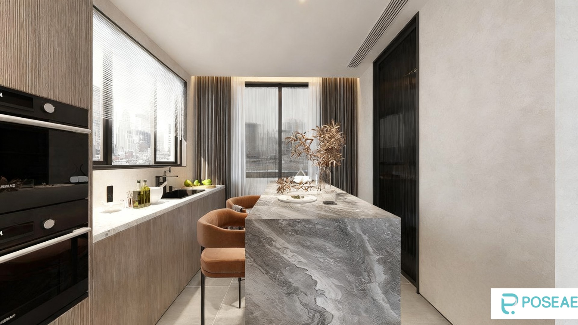 图片[2]-【3D模型】现代简约餐厅带楼梯设计 环形吊灯大理石餐桌软装搭配 3DMAX 模型-PoseAe视频创意库