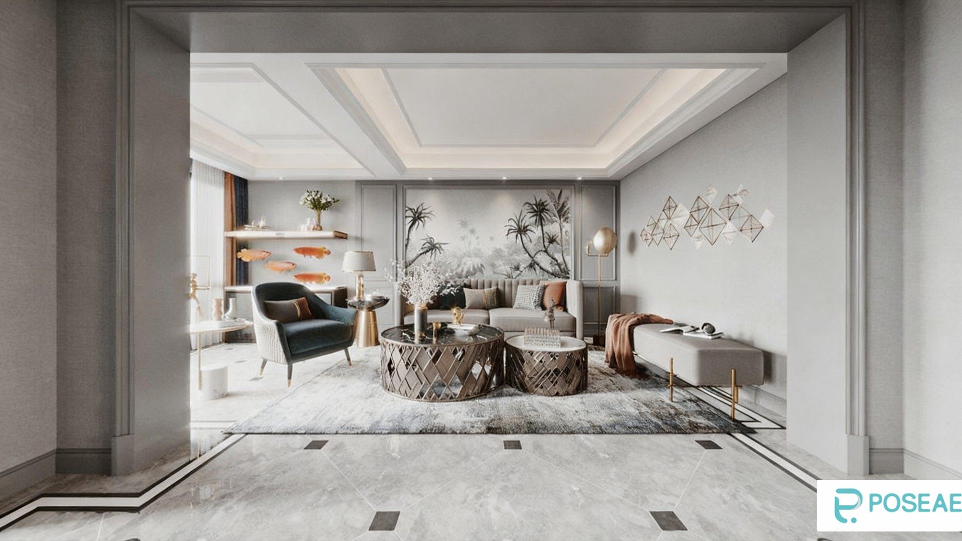 图片[1]-【3D模型】现代轻奢客厅设计 艺术墙饰金属茶几热带壁画软装搭配 3DMAX 模型-PoseAe视频创意库