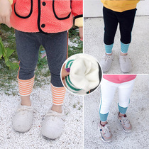 Girls  autumn and winter 2021 new childrens clothing in small childrens baby pop contrast color plus velvet leggings childrens western-style pants