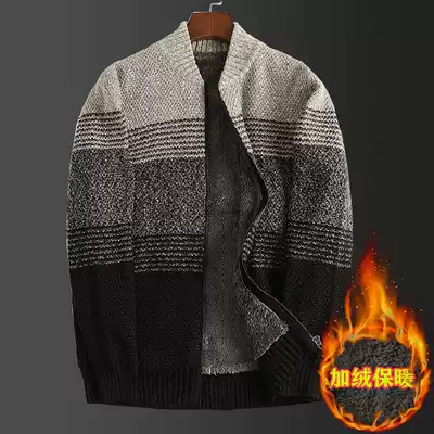 Autumn and winter men's loose cardigan plus velvet sweater coat large size middle-aged men's thick knit sweater casual warm top