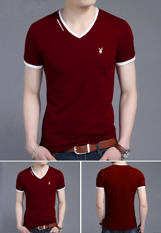 Playboy mùa hè T-Shirt nam v-cổ ngắn tay gà tim cổ áo bông Hàn Quốc phiên bản của màu rắn thanh niên từ bi Slim quần áo triều 	áo thun nam body