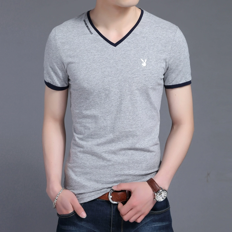 Playboy mùa hè T-Shirt nam v-cổ ngắn tay gà tim cổ áo bông Hàn Quốc phiên bản của màu rắn thanh niên từ bi Slim quần áo triều 	áo thun nam body