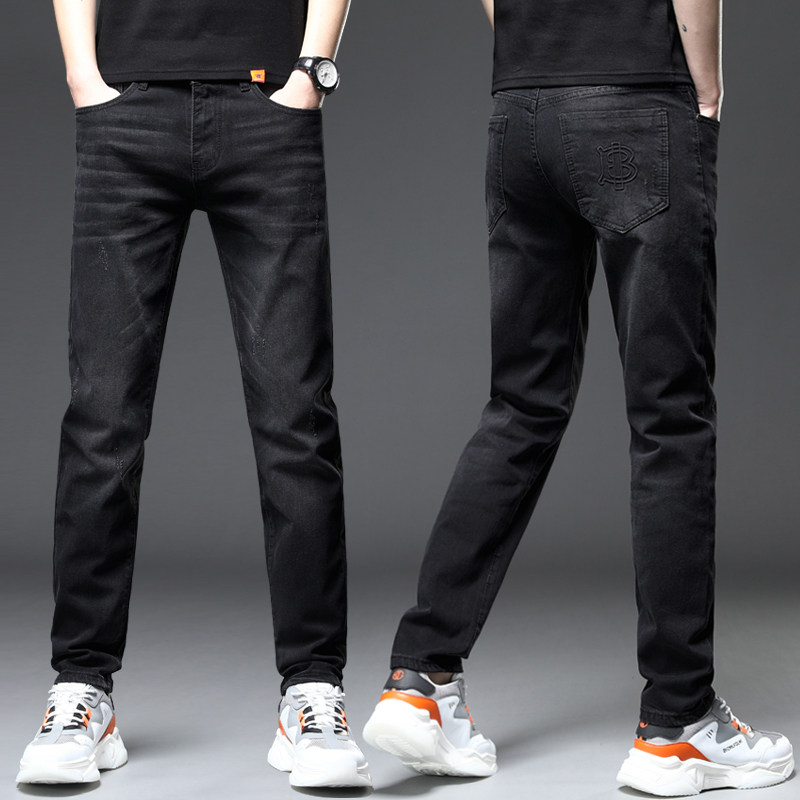 2022 Summer high-end black jeans Men's body straight drum Chauffes Spring and autumn style washed casual long pants