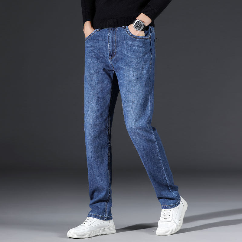 Spring and autumn new jeans Men's straight cylinder loose 100 hitch of Korean version Tide Cards Big Size 2022 Summer Blue Casual Long Pants