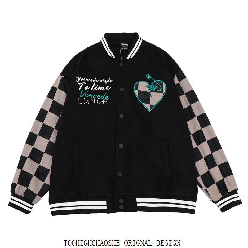 Love Embroidery Flocking to Chessboard Grid Baseball Uniform Women Plus Cotton Small Crowdsourced Original Design American Jacket Jacket Griptide