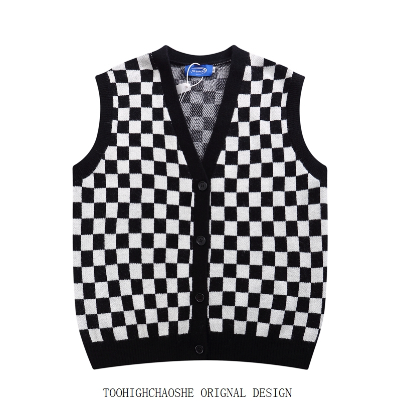 Gge waistcoat Chessboard Lattice Sweatshirt Cardigan women's reduced age Advanced senses American comeback dairies Fried Street Vest Needlenitwear