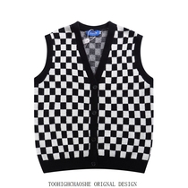 Gge waistcoat Chessboard Lattice Sweatshirt Cardigan womens reduced age Advanced senses American comeback dairies Fried Street Vest Needlenitwear