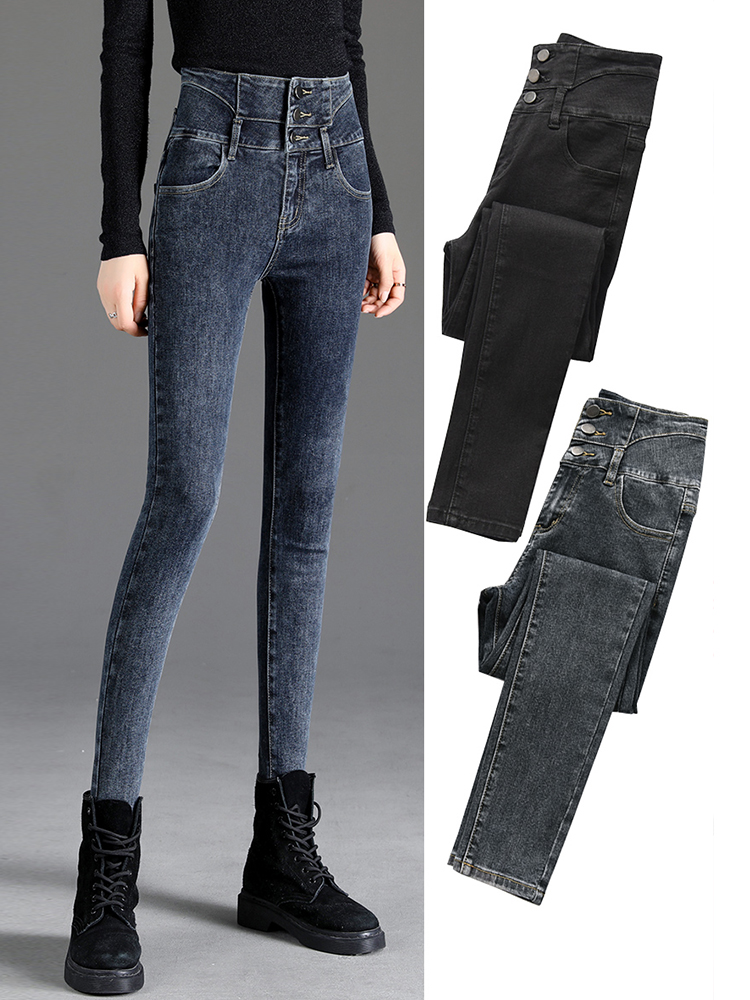 Jeans women's high waist slim slim high stretch dark three-button tight little feet spring 2021 pencil pants