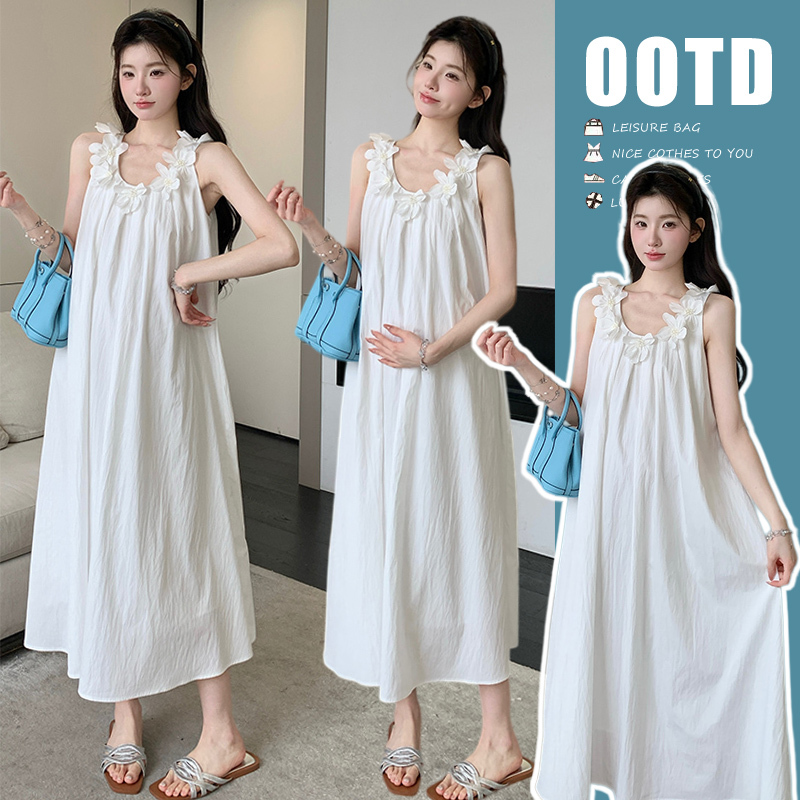 Maternity Summer Dress, Fashionable Three-Dimensional Floral Sleeveless Top, Sundress, Summer Sun Protection Clothing, Cardigan Two-Piece Set