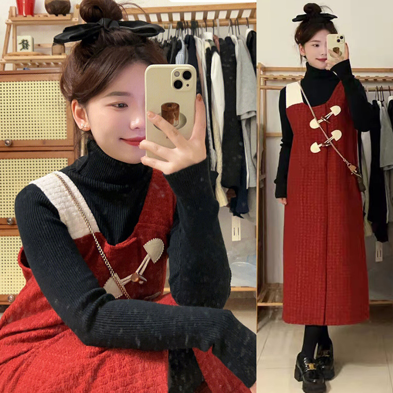 Pregnant women's autumn clothing suit 2023 new Chinese New Year red lamb wool vest skirt Two sets loose and conspicuble dress-Taobao