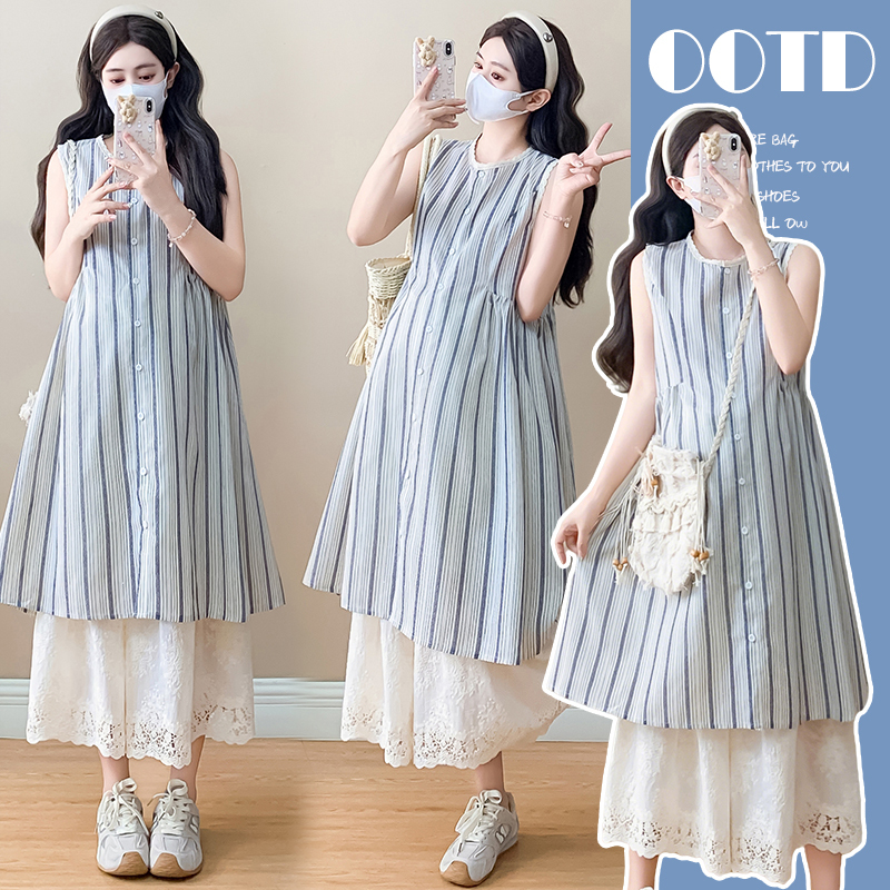 2026 Maternity Summer Outfit Sleeveless Vest Striped Shirt Dress Lace Wide-Leg Pants Summer Two-Piece Set