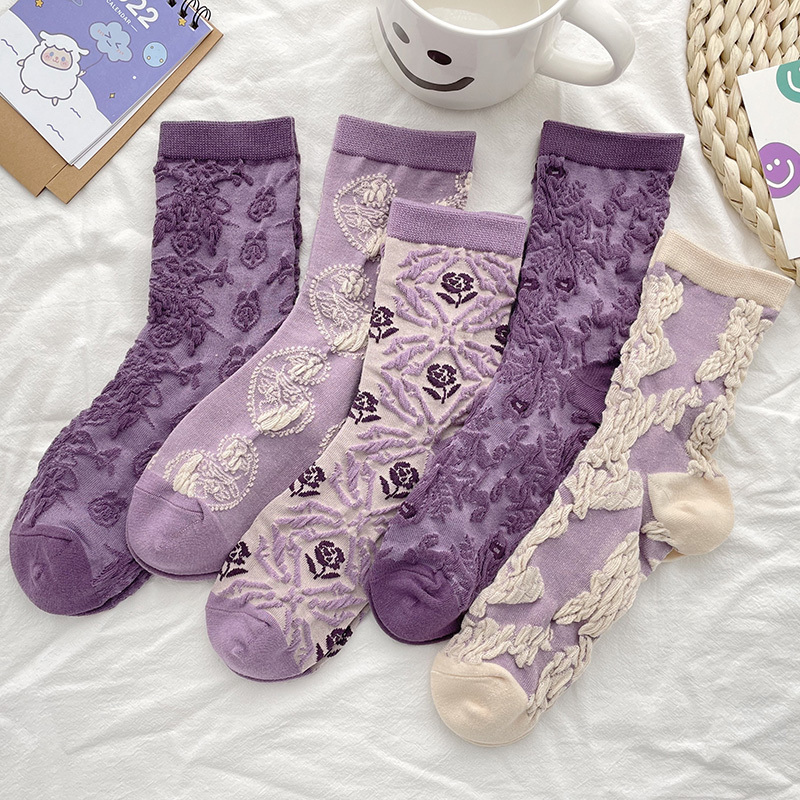Three-Dimensional Purple Socks for Women ins Trendy Floral Retro Spring and Autumn Cotton Socks Mid-Calf Socks Cute Japanese Style Autumn and Winter Long Socks