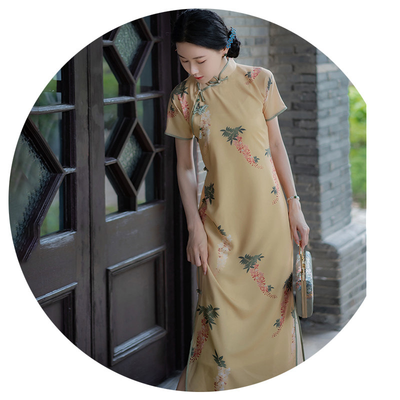 Xiaogongzi) The Purple Vine Flowers) The retro Republic of the Republic Wind Gufa Qipao Qipao Qipao Full Opening Cardio-pai-Qipai Qipai Qipao Dress 