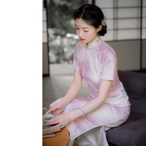 )Flower Dream Shadow) Retro Republic style summer new raglan short-sleeved slim fit cheongsam skirt with full open button