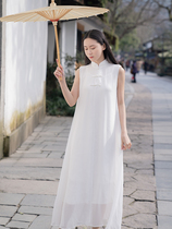 ) Clearance does not return) Xiaogongzi double-layer chiffon-to-flap buckle stand-up collar loose Zen tea dress QP43