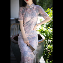 Xiaogongzi) Yutu) Republic of China style retro summer short-sleeved lace hollow slim cheongsam dress LY256
