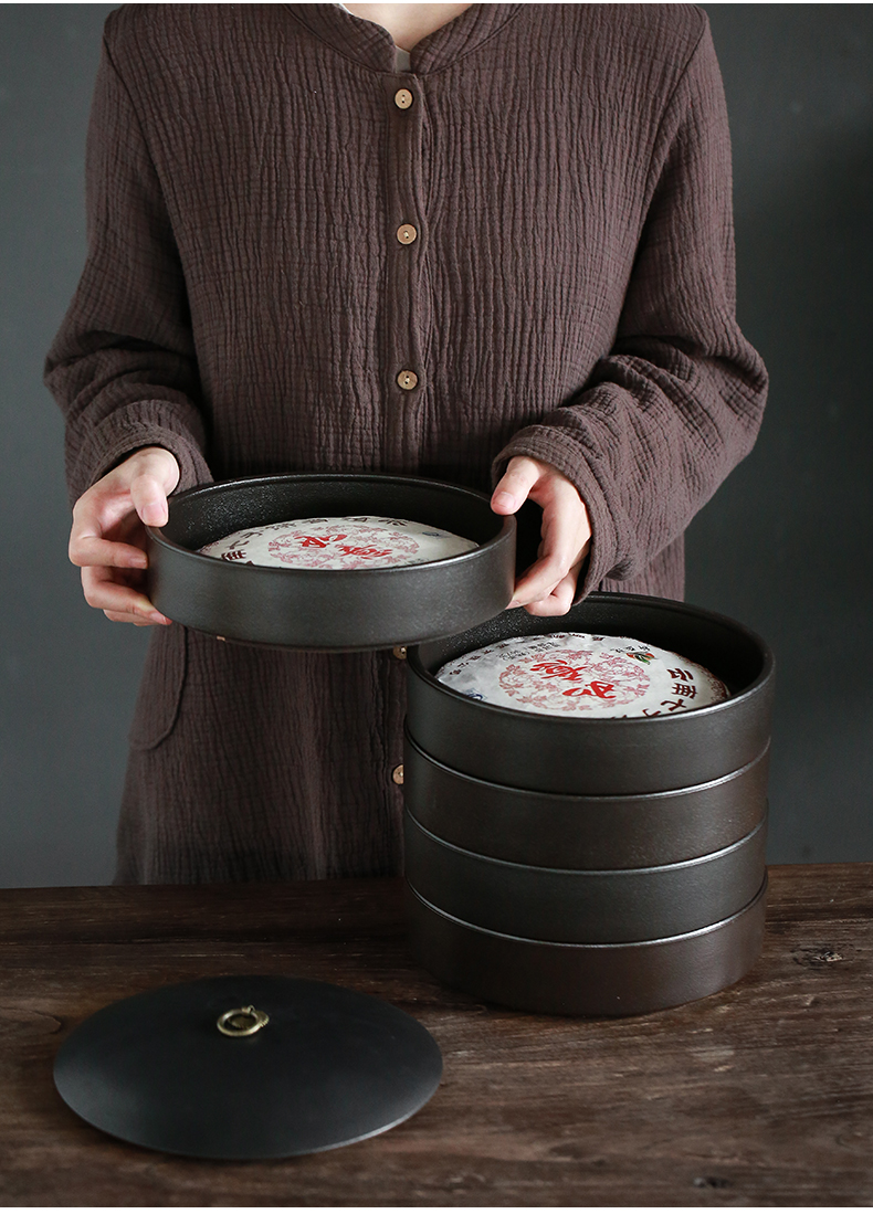 Large black pottery caddy fixings ceramic seal puer tea pot white tea cake tin with storage POTS stack