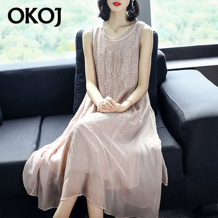 裙子夏女2018新款真丝无袖纯色打底裙拼接做