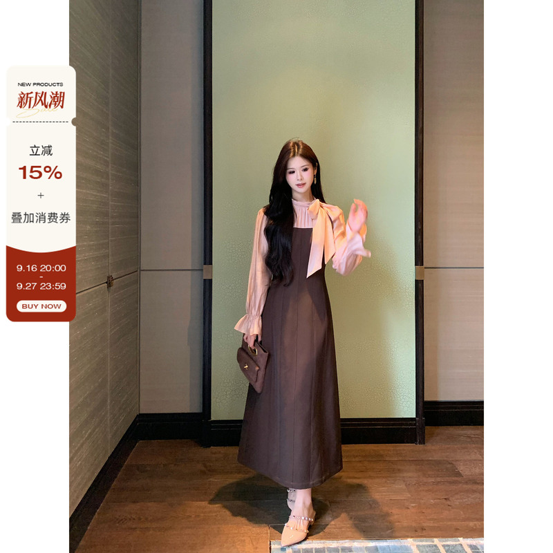 Li Shasha【Evening Breeze for You】Slightly Plump Style Pink and Contrasting Color Fake Two-Piece Dress for Women, Light Mature Style with a Sense of Design