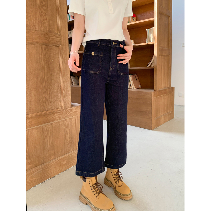 Li Shasha [Mastering the Curve] Washed Nine-Point Jeans for Women, Winter Plus Size High-Waisted Slimming Straight-Leg Color-Block Long Pants