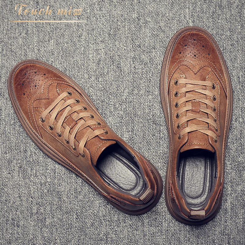 Touch Miss new brogue shoes men's Korean version of all-match casual leather shoes British lace-up breathable men's shoes trend