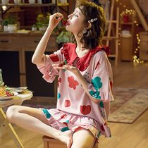 Pajamas womens summer thin cotton short sleeve students two-piece set Korean version of pullover home clothing trend fashion lapel