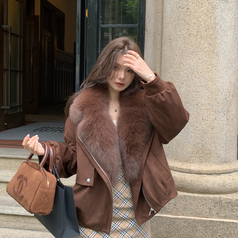 2025 Haining New Style Suede Fox Fur Collar Fur Coat Women's Short Goose down Liner down Jacket Coat