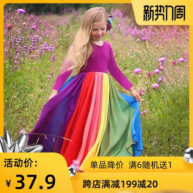 Kaka's home INS Europe and the United States foreign trade spring and autumn female treasures, children's rainbow skirt, long-sleeved princess dress