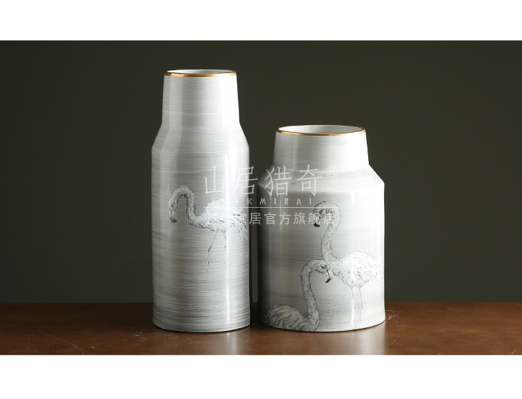 Nordic ins grey wiredrawing hand - made flamingos ceramic vases, large flower arrangement home home furnishing articles