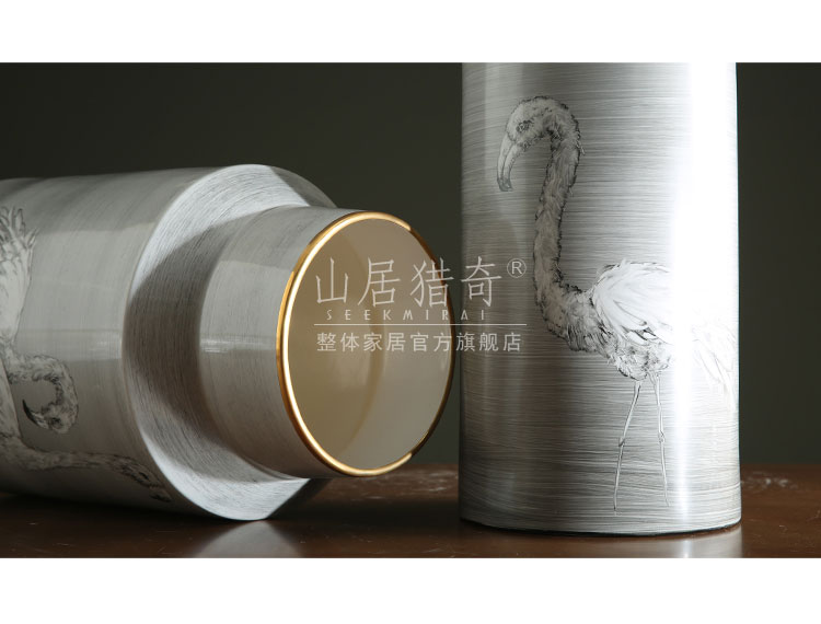 Nordic ins grey wiredrawing hand - made flamingos ceramic vases, large flower arrangement home home furnishing articles