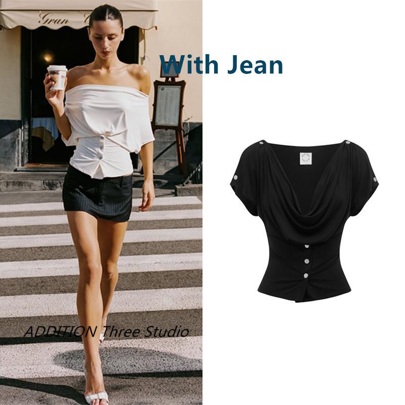 Australia with Jean 25 Spring/Summer Collection Elegant Solid Color Off-Shoulder Button Closure Short Sleeve Top for Women