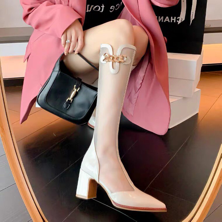 White long cylinder boots female 2022 Summer new mesh yarns Long boot genuine leather cool boots coarse and hollow breathable small crowdnet boots