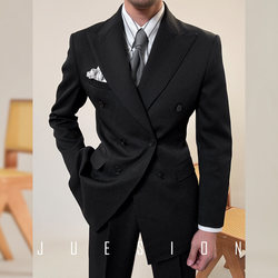 JUESION Italian double-breasted suit men's lapel collar black business wedding banquet blazer