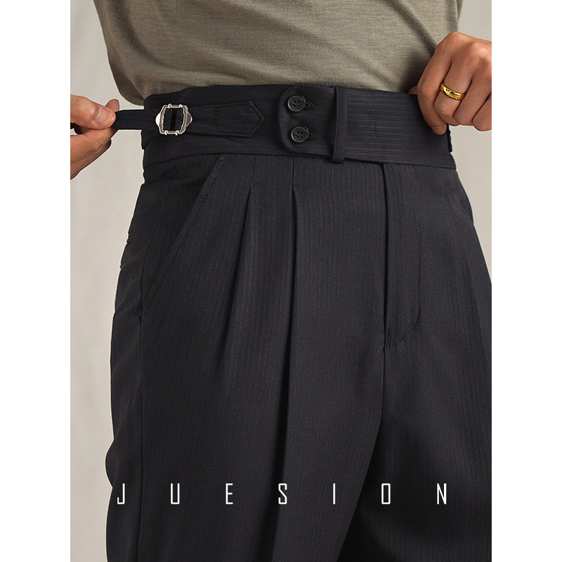 Juesion Fine-Woven Dark Striped Double-Pleated Men's Trousers, Vintage Casual Business Wrinkle-Free Mid-Waist Wool Suit Pants