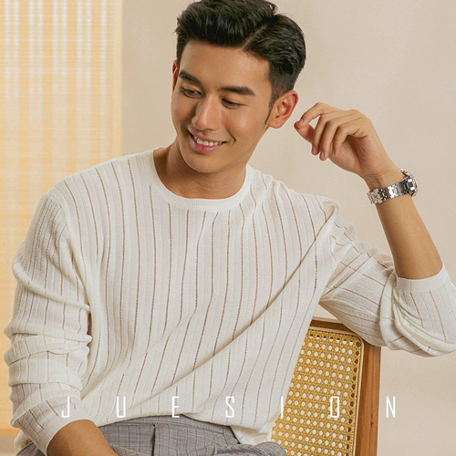 Мужской летний тонкий лонгслив, трикотажный свитер, свободный крой, защита от солнца, круглый воротник