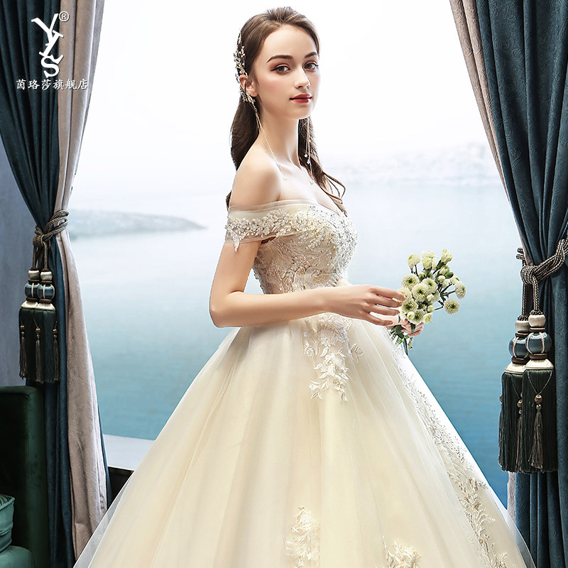 Light Wedding Dress 2021 New Temperament Bride Growing Pregnant Women's Words Shoulder Mori is Super Fairy Dreamful Dragon Tail Simple Light Wedding Dress 2021 New Temperament Bride Growing Pregnant Women's Words Shoulder Mori is Super Fairy Dreamful Dragon Tail Simple