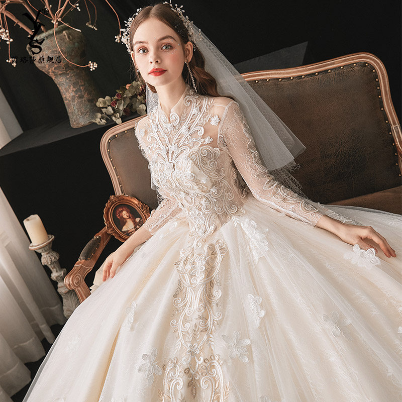 Main wedding dress 2021 new bridal temperament large tail cover arm Forest department super fairy dream long sleeve thin heavy industry woman